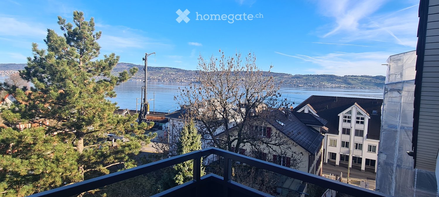 balcony with railings, beautiful view of the city and the lake