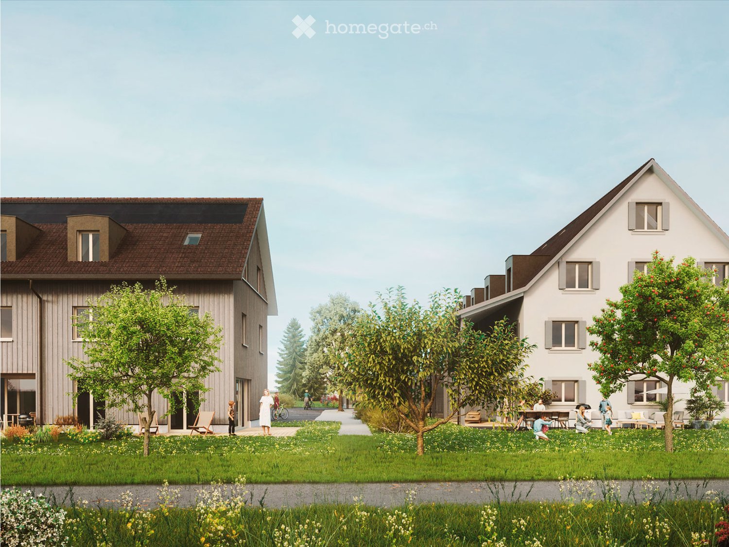 Two residential buildings with balconies, green space, and pathways