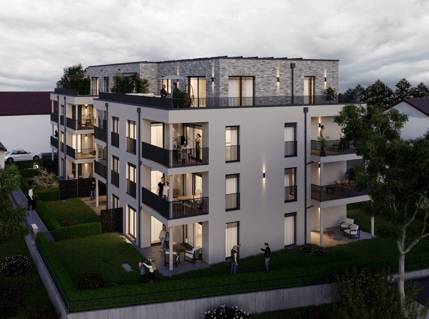 4-story apartment building with balconies and terraces on each floor, brick and glass exterior, garden area in front