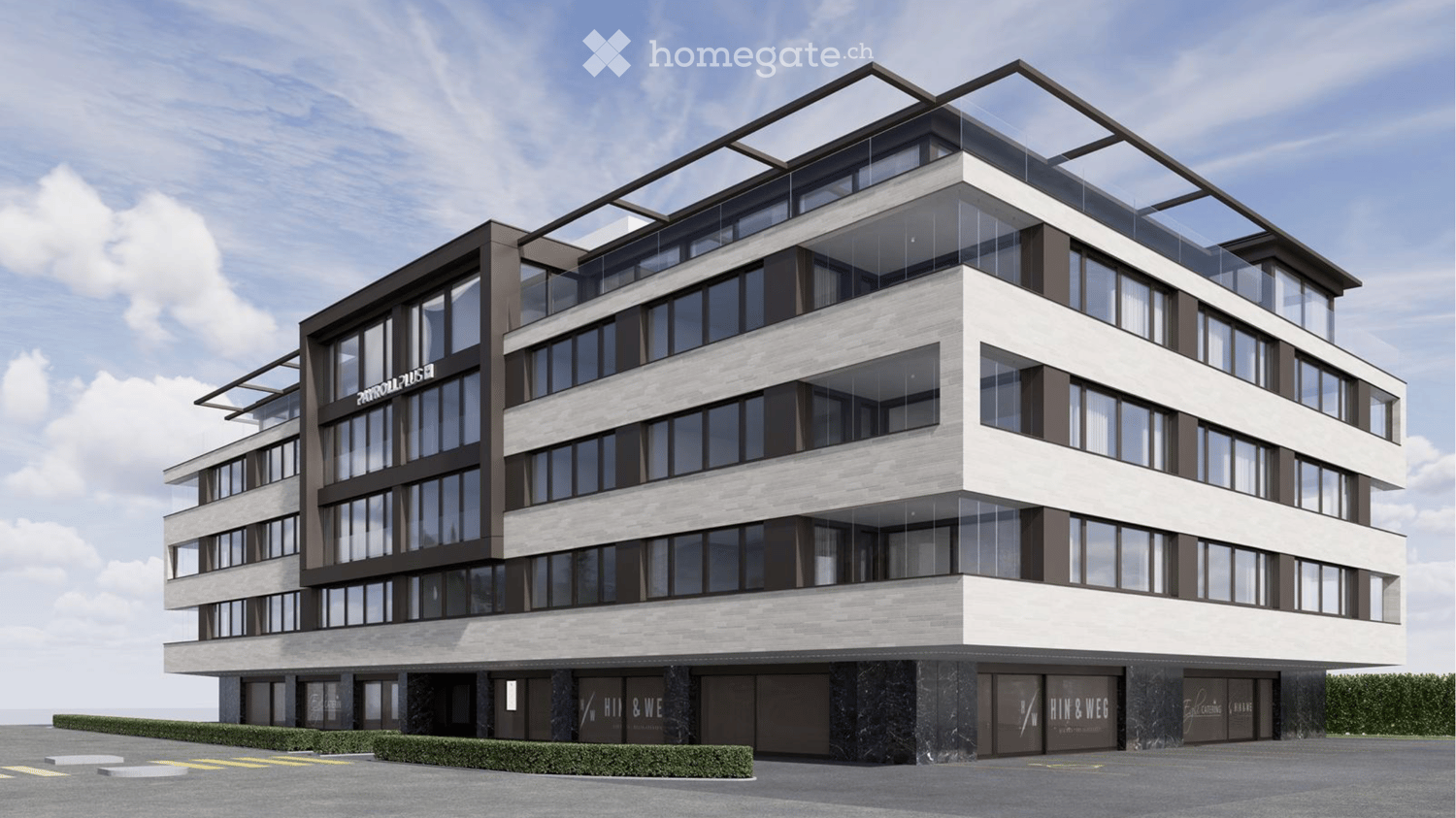 modern commercial building, multiple floors, glass facade, raised ground floor, large windows, rooftop terrace