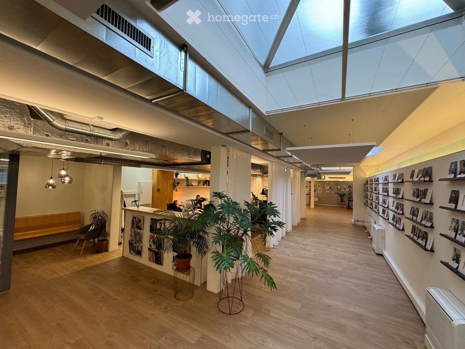 Glass ceiling, wooden floors, modern decor, white walls, plants, benches, desk, and people working