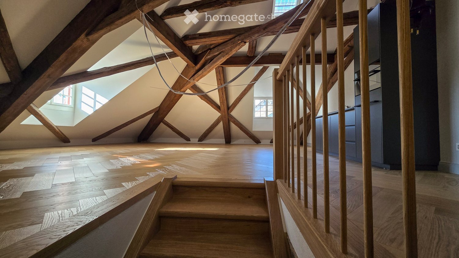 wooden beams, wooden floor, wooden stairs, wooden railing, wooden cabinet