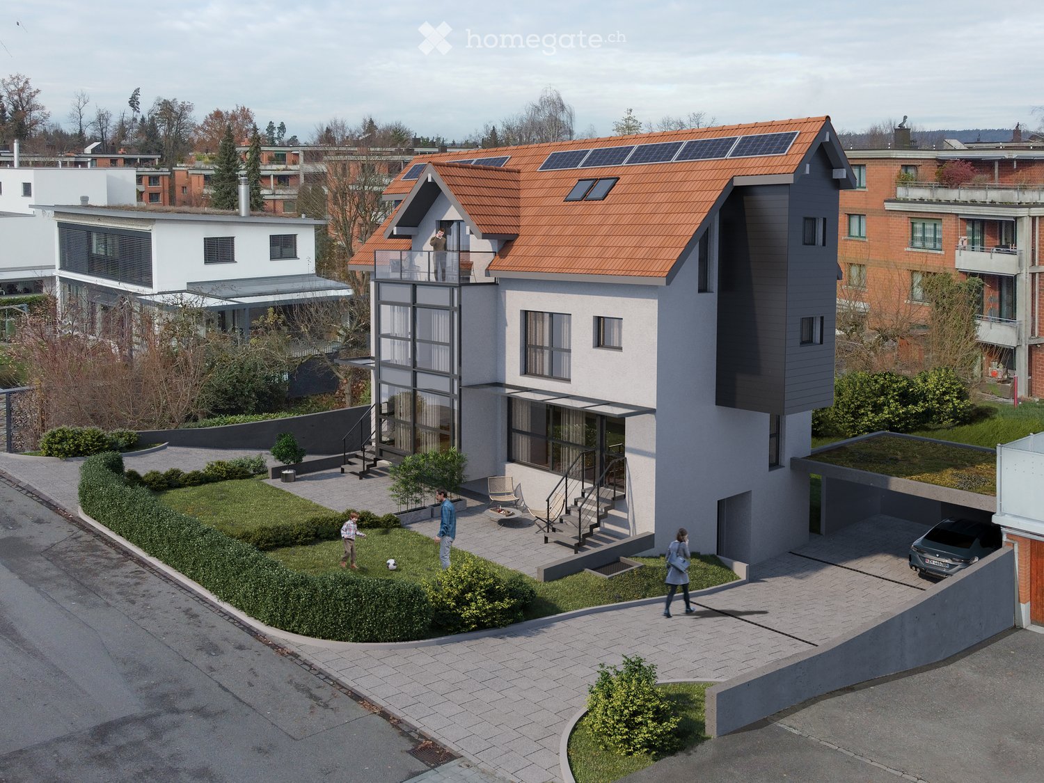 3-story building, solar panels on the roof, balcony, landscaped garden, garage