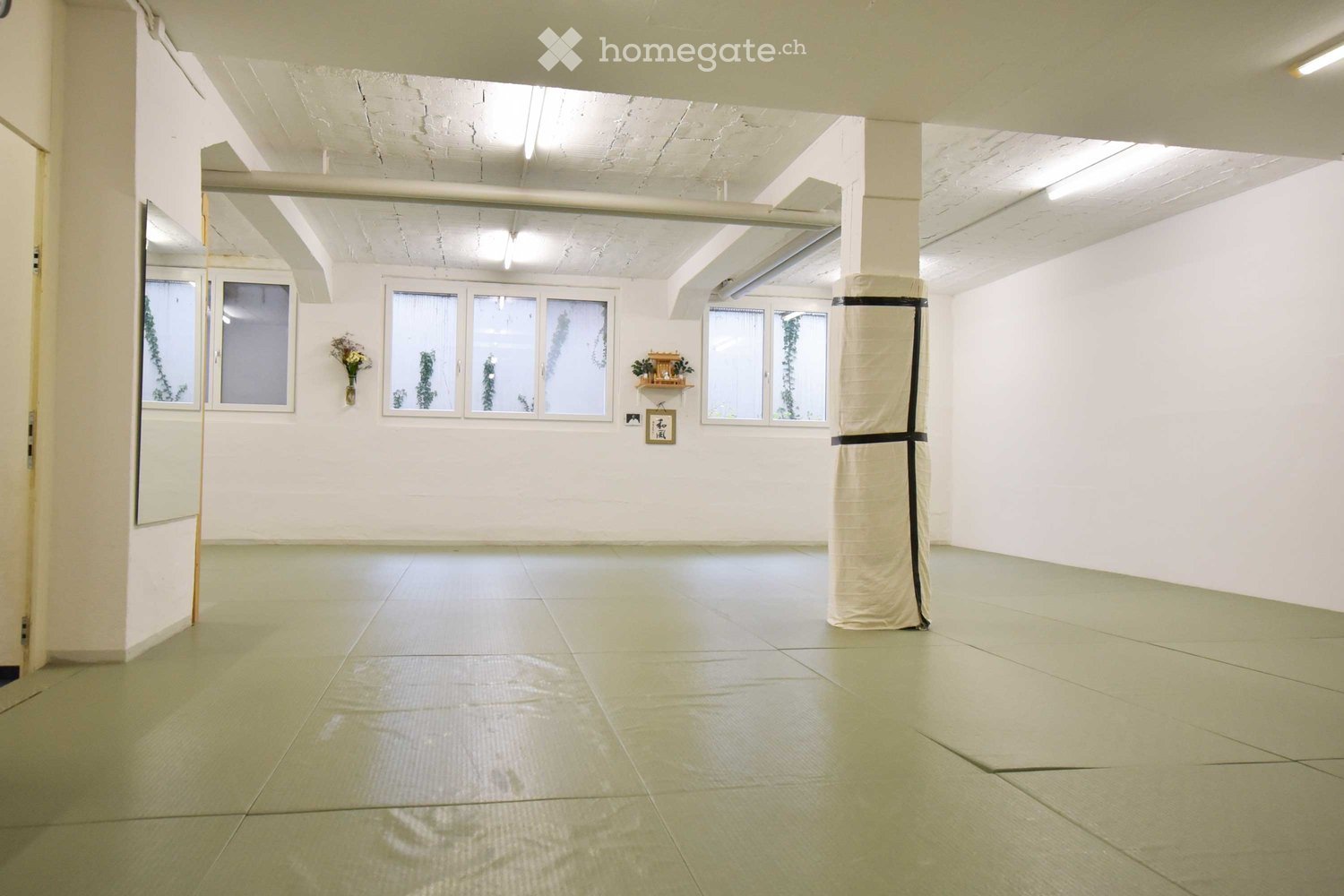 Empty room with tatami mats, pillar, windows, and ceiling lights.