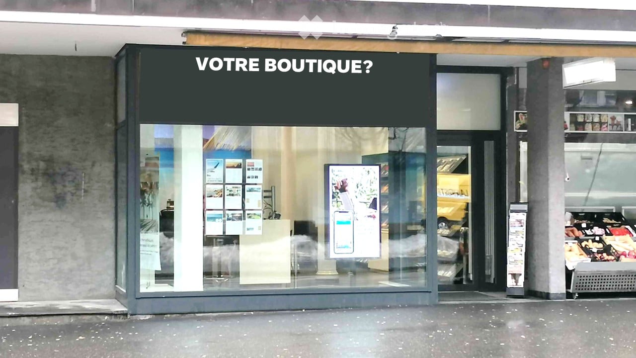 Storefront with glass wall, interior decors and signage