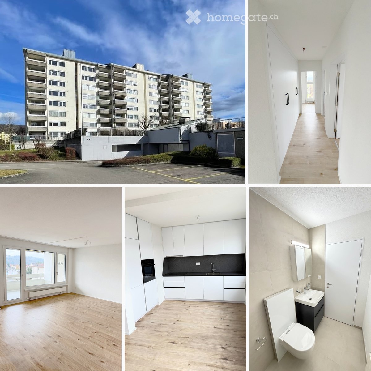Multi-story apartment building exterior, hallway, unfurnished living room, fitted kitchen, and modern bathroom.