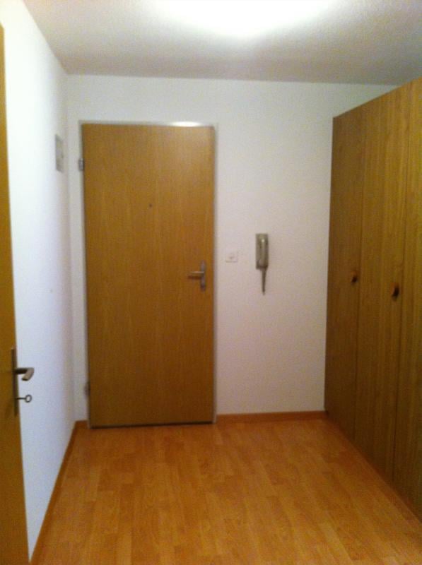 wooden door, white walls, wooden floor, two closets