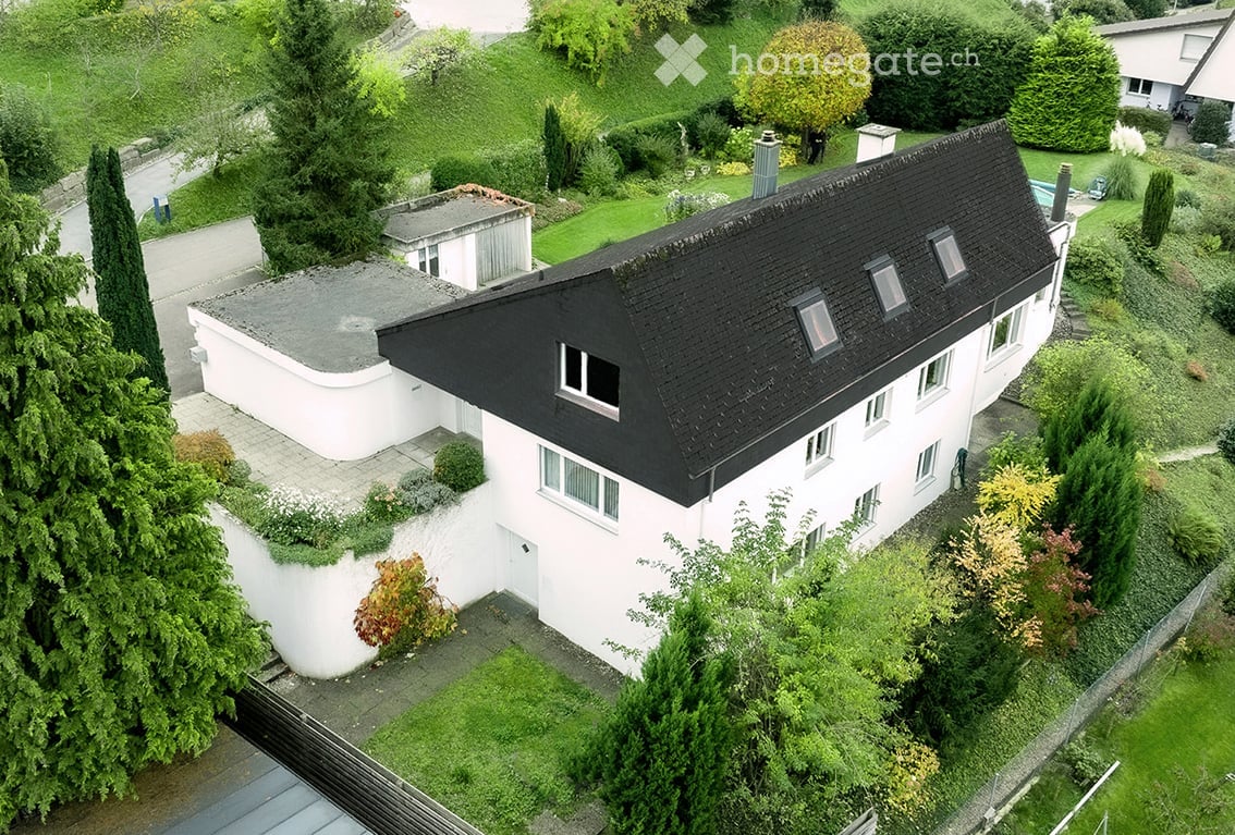 Modern 2-story house, black roof, white walls, raised ground floor, garden, greenery, swimming pool