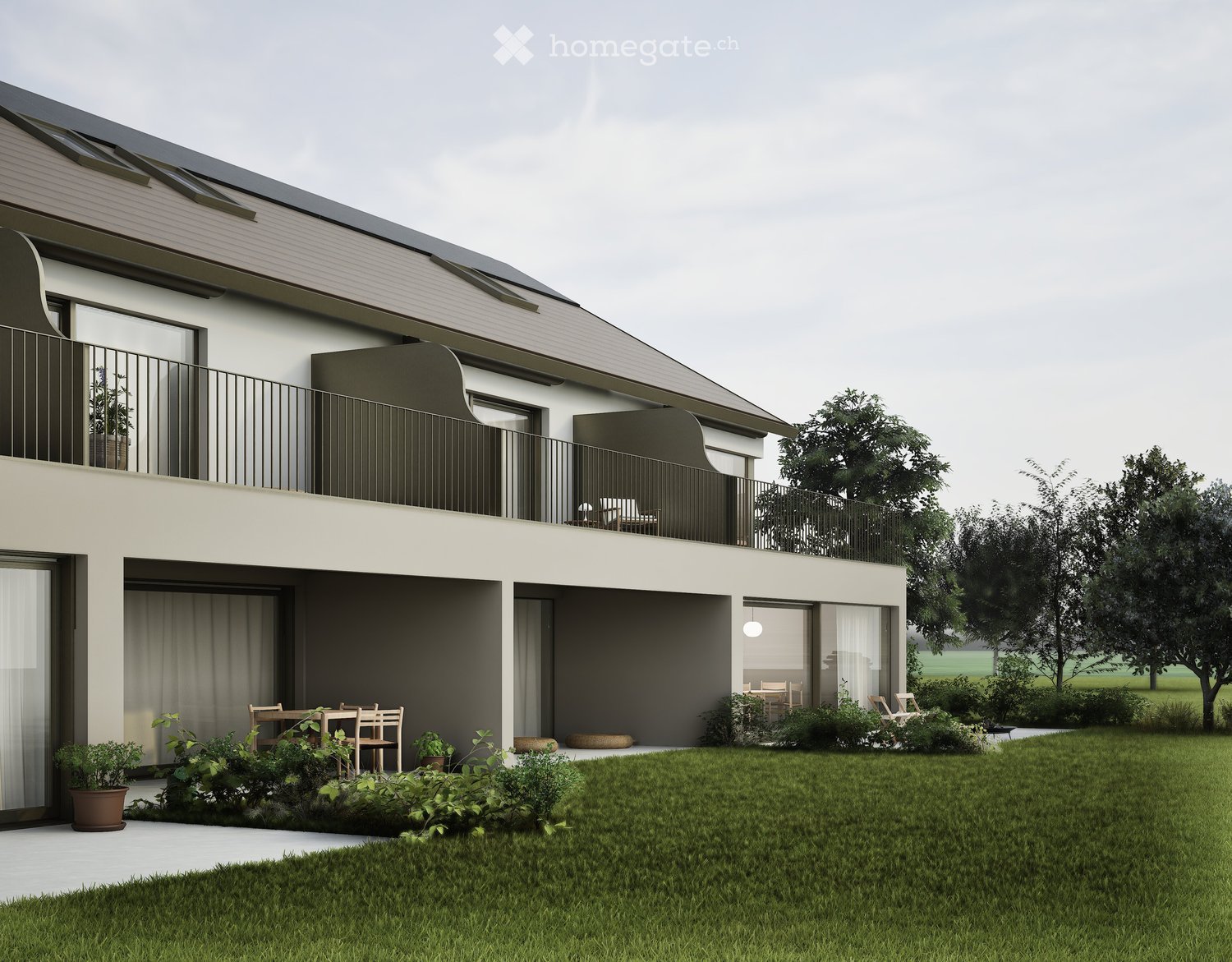 Modern two-story house with solar panels on the roof, balconies, and a garden