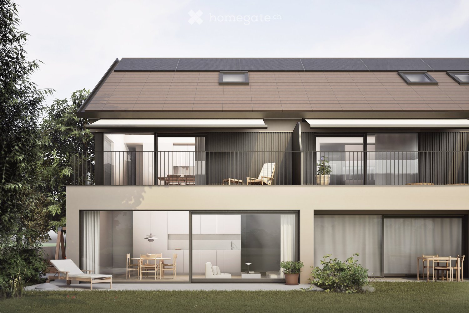 2 story house, solar panels on roof, raised ground floor, balcony, large glass windows, modern design