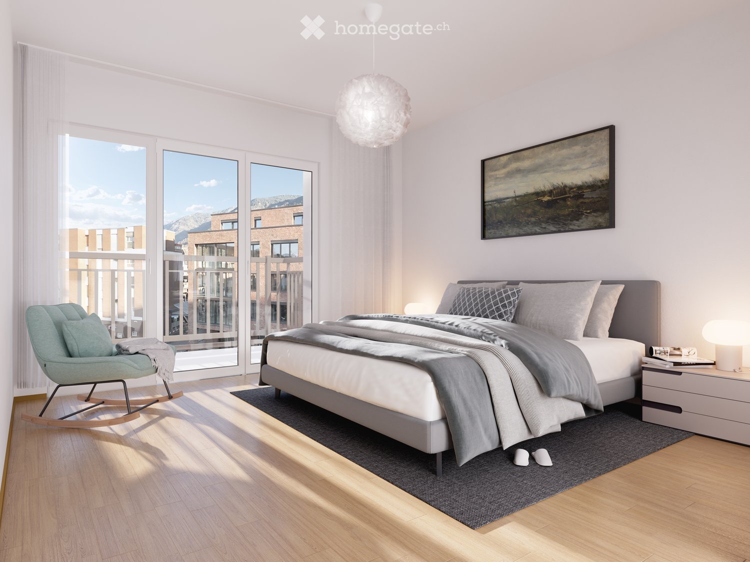 bedroom with bed, bedside tables, rocking chair, picture, lamp, floor lamp, rug, white walls, windows, balcony with glass doors