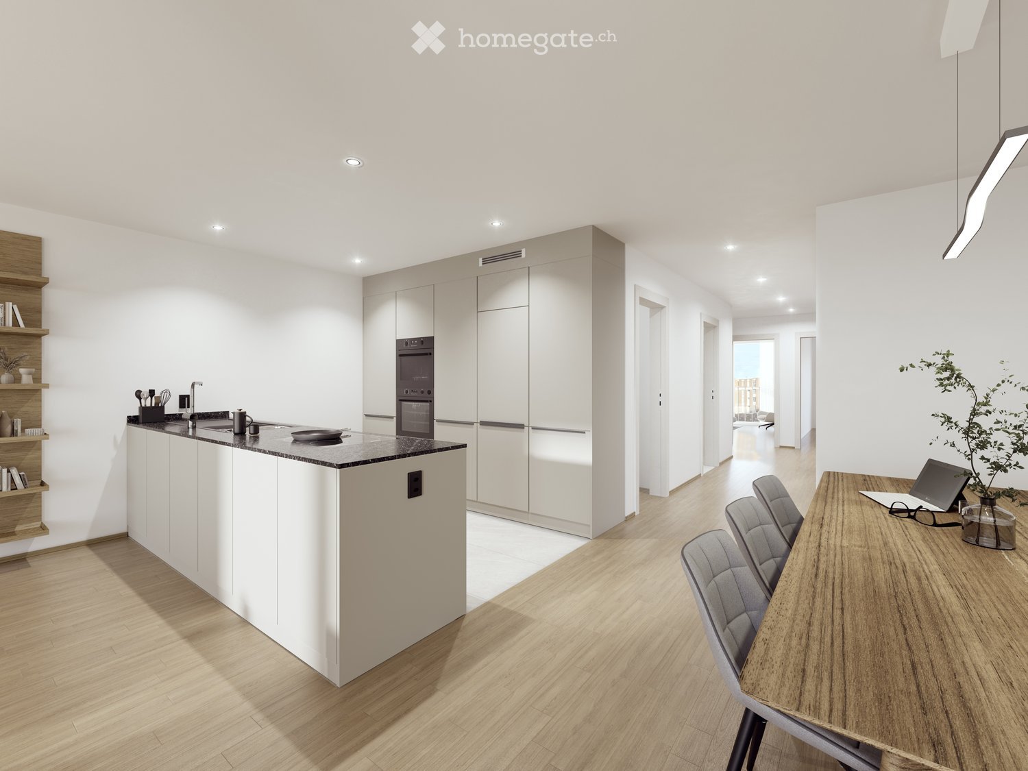 Modern, white cabinets, island counter, wooden flooring, integrated appliances, ceiling lights