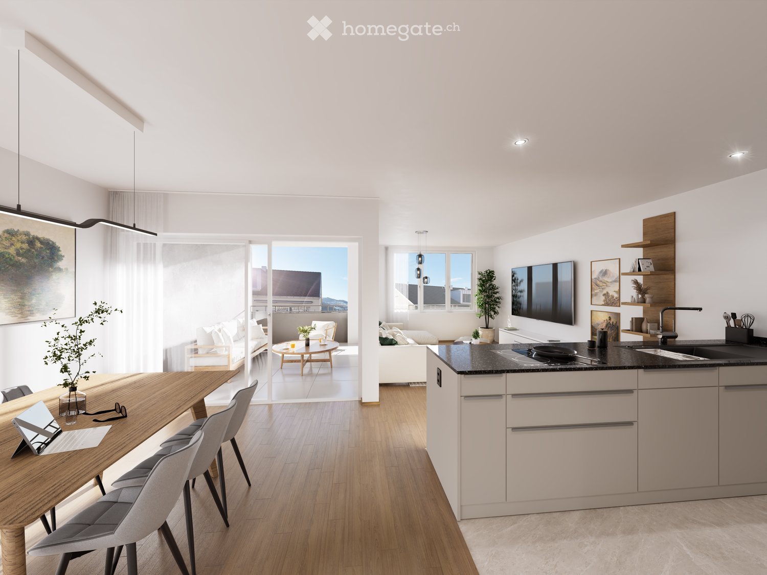 Modern interior, wooden floors, contemporary furniture, large windows, balcony access, large terrace, kitchen island, dining table, white appliances