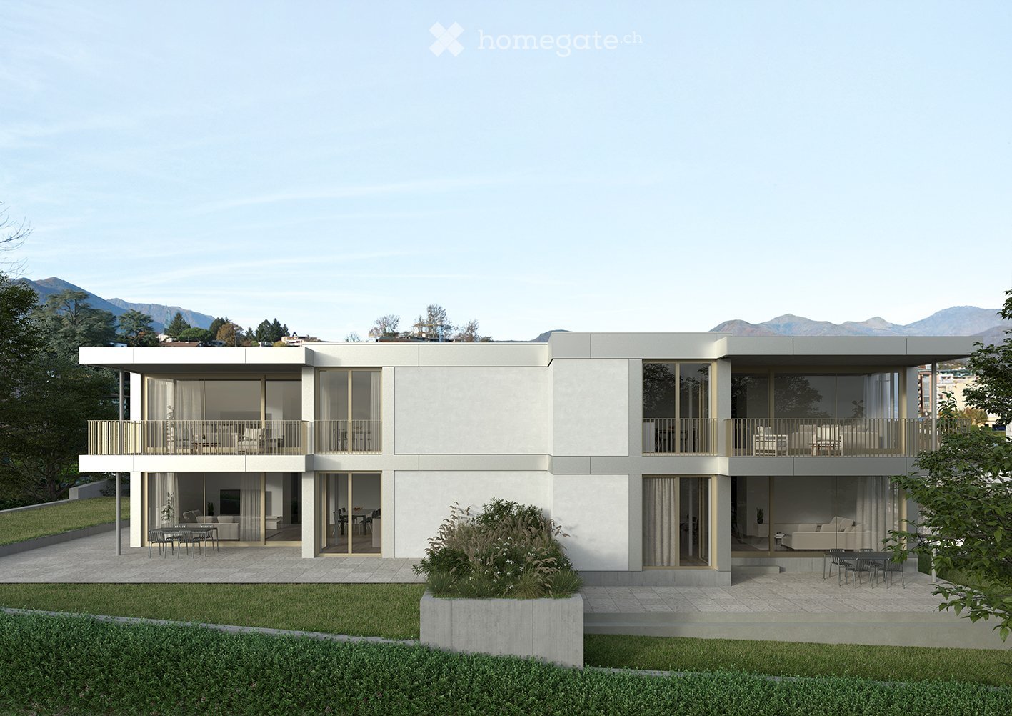 2 story modern house, white exterior, large windows, balconies on both floors, outdoor dining area, garden