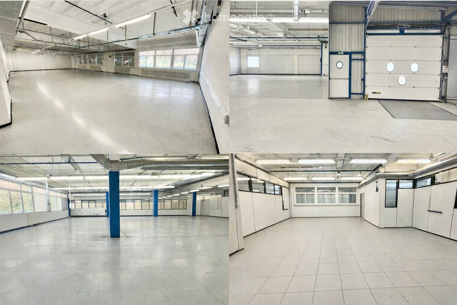 empty warehouse, high ceiling, large windows, large garage doors