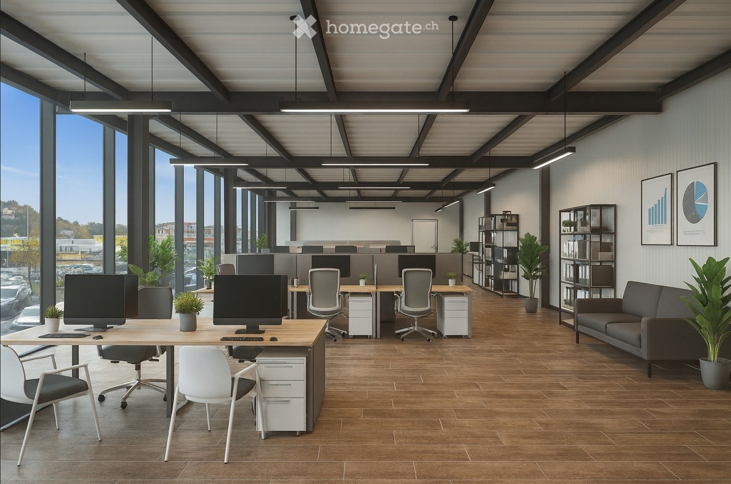 office space, wood flooring, desk, computer, chair, shelves, potted plants, windows