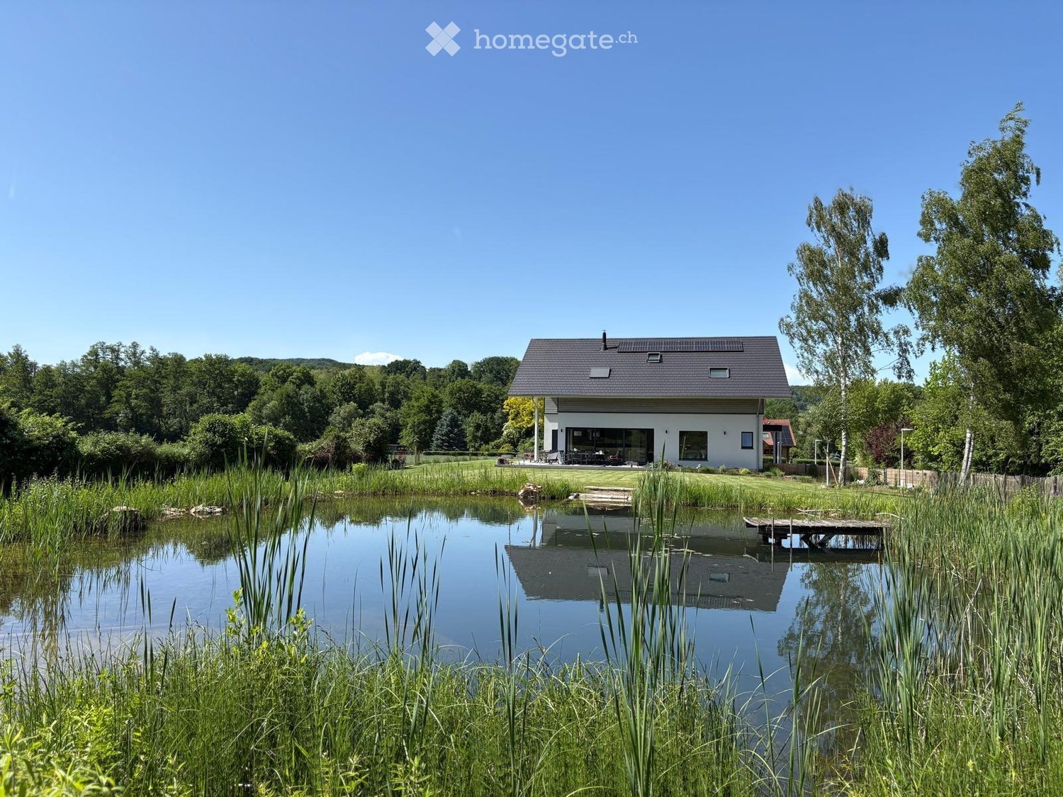 Modern house, single story, gray roof, surrounded by green grass and a small lake, solar panels on the roof