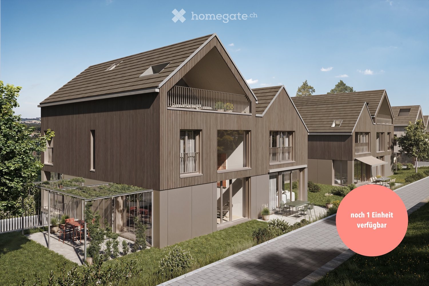 Modern design, brown exterior, multiple balconies, glass walls, green plants, outdoor seating area, pathway