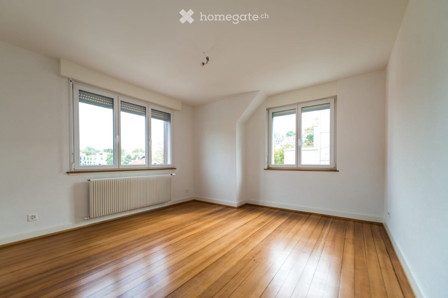 empty room, wooden floors, white walls, two windows, white radiator