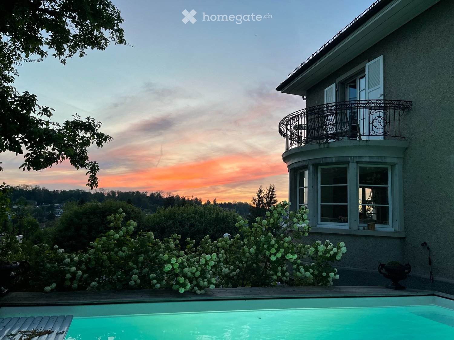 House with balcony, swimming pool, large garden, and plants in the foreground.