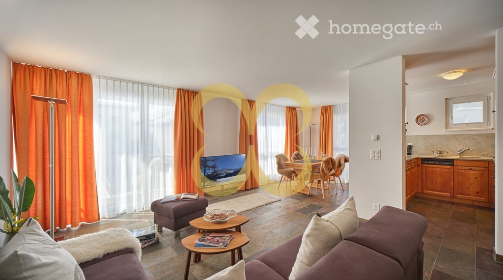 L-shaped sofas, coffee tables, side table, floor lamp, flatscreen TV, dining table, chairs, window curtains, wooden cabinets, countertop
