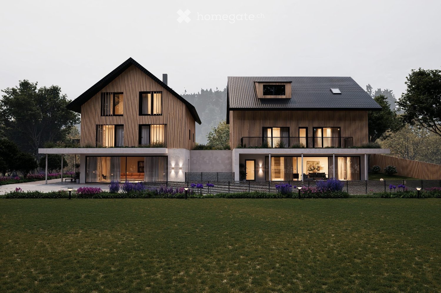 Wooden exterior, two houses, balcony on the second floor, large windows, open concept layout, modern design