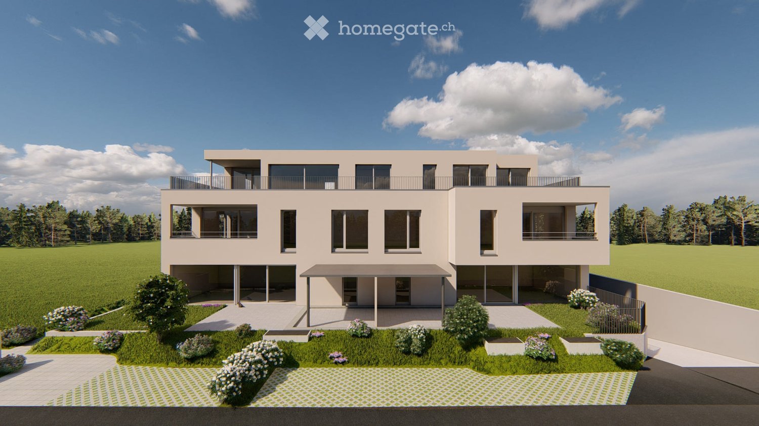 Two story house, beige, 3 balconies, garage, landscaped garden