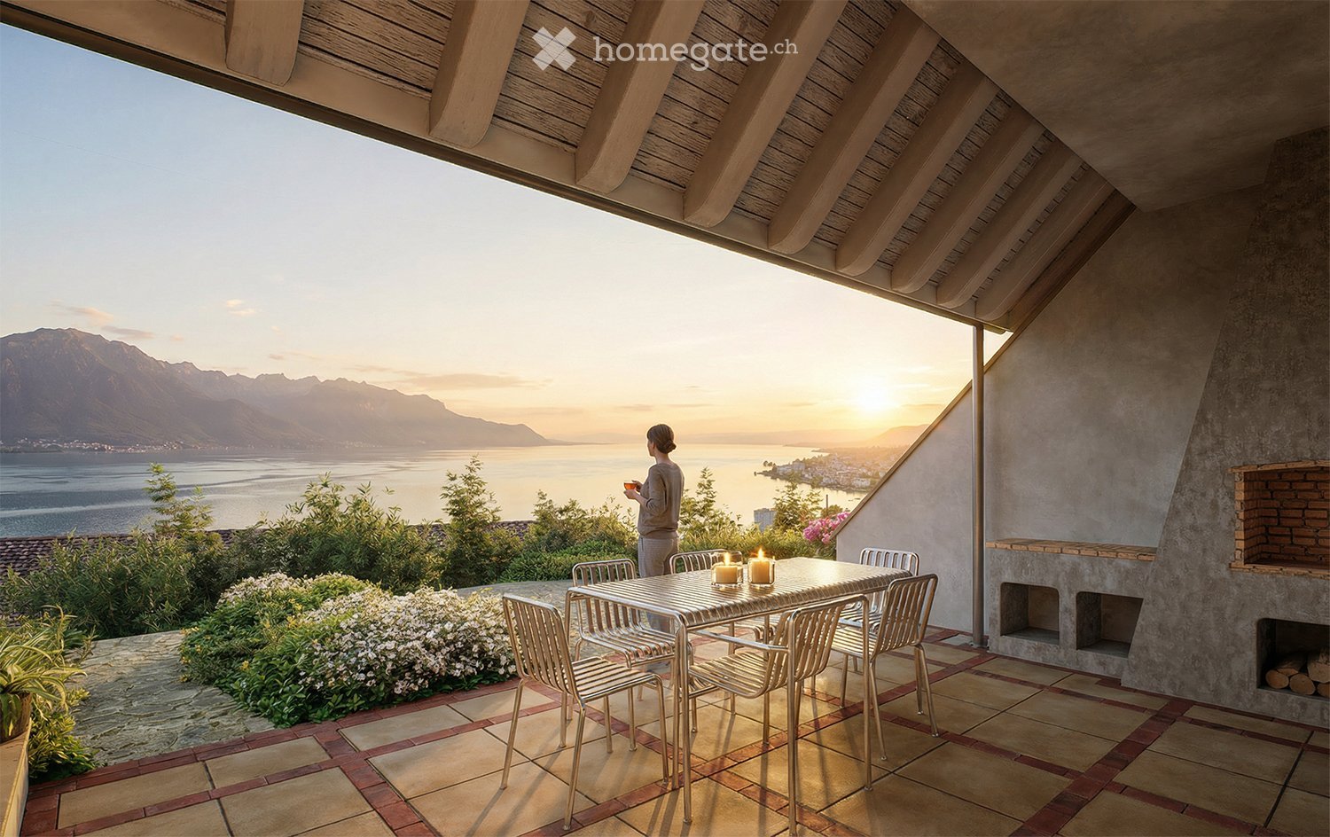 Outdoor dining area with a metal table and chairs, brick fireplace, and an expansive view of the sea and mountains.