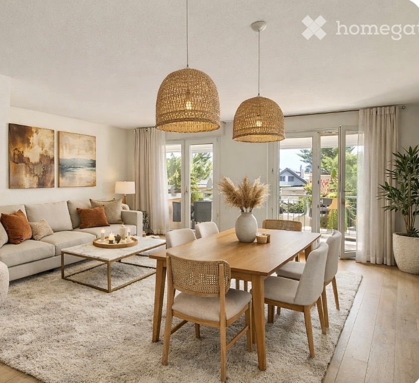 Balcony, View, wooden table, chairs, couches, lamps, carpet, coffee table, decorative pot