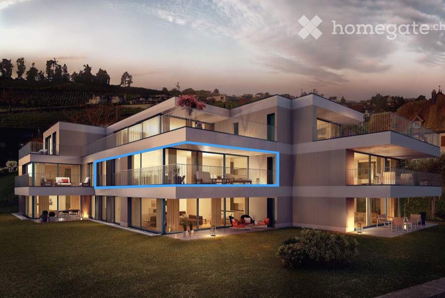 Two story house, large windows, glass balconies, grassy yard
