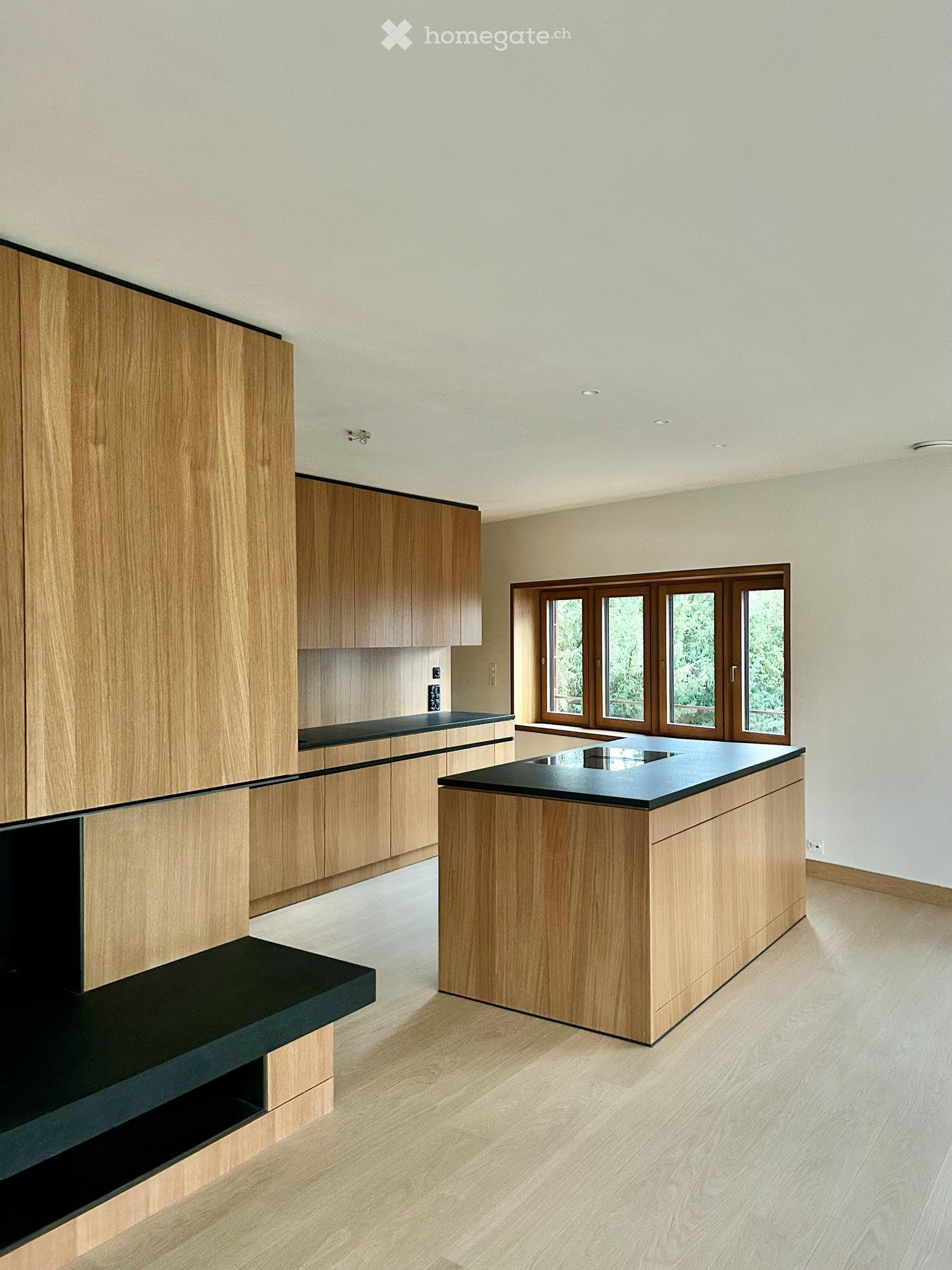 open kitchen, wooden cabinets, large windows, black countertop, wooden floor