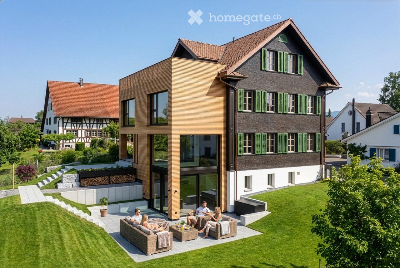 modern house, large windows, wooden and gray walls, green shutters, patio with seating area, garden with grass and plants