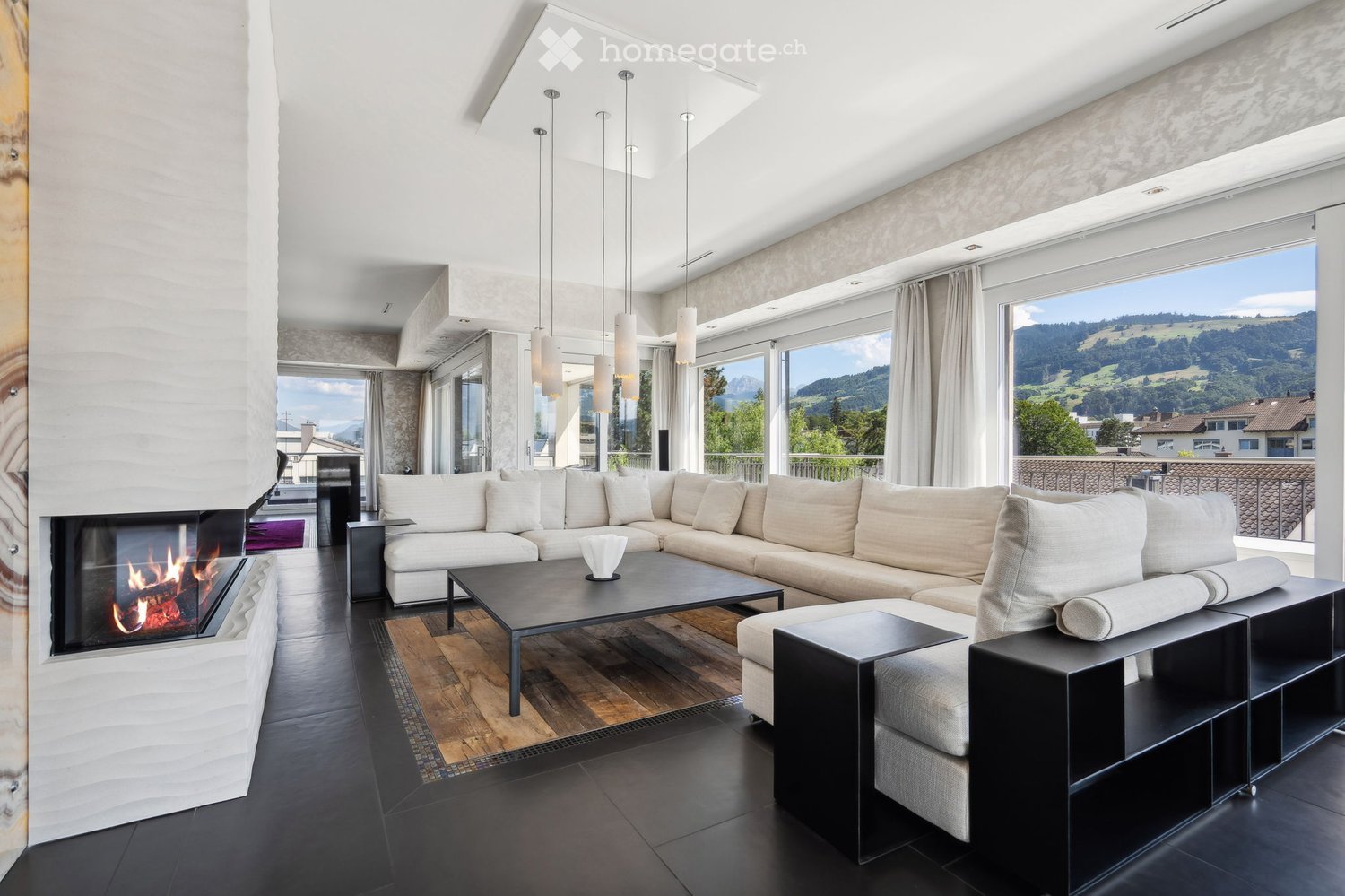 fireplace, white sofa, coffee table, large windows, balcony, modern minimalist style