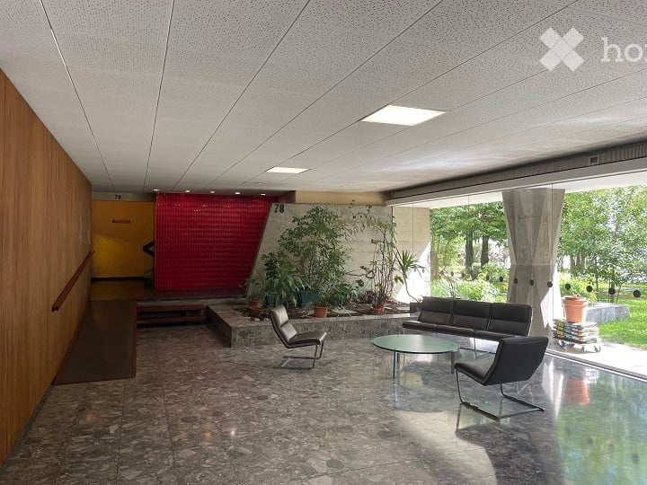 modern interior, large windows, plants, couches, chairs, table, tiled floor, wooden wall