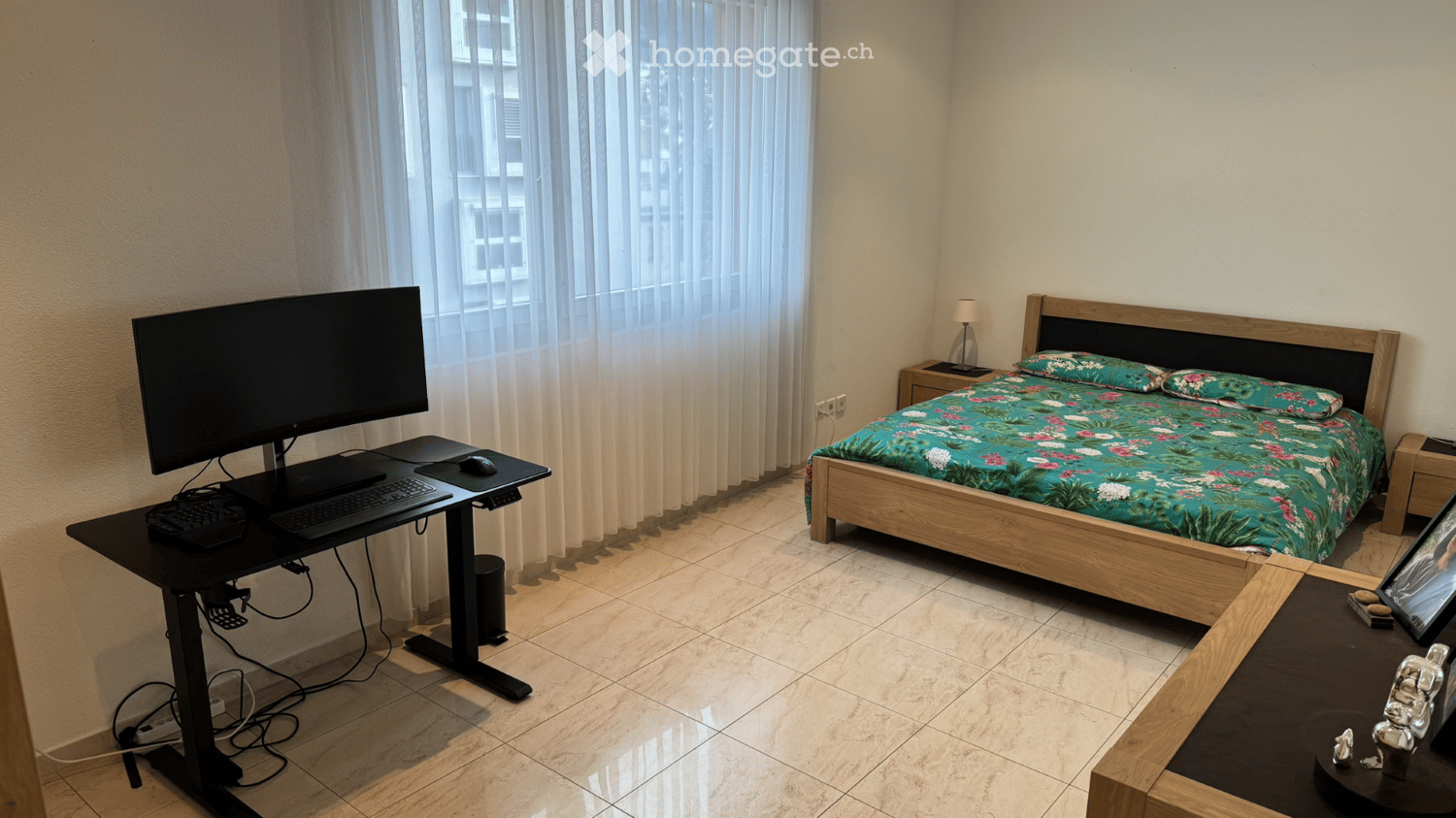 Bedroom with desk, computer, bed, nightstands, lamp, picture frame, and window with curtains