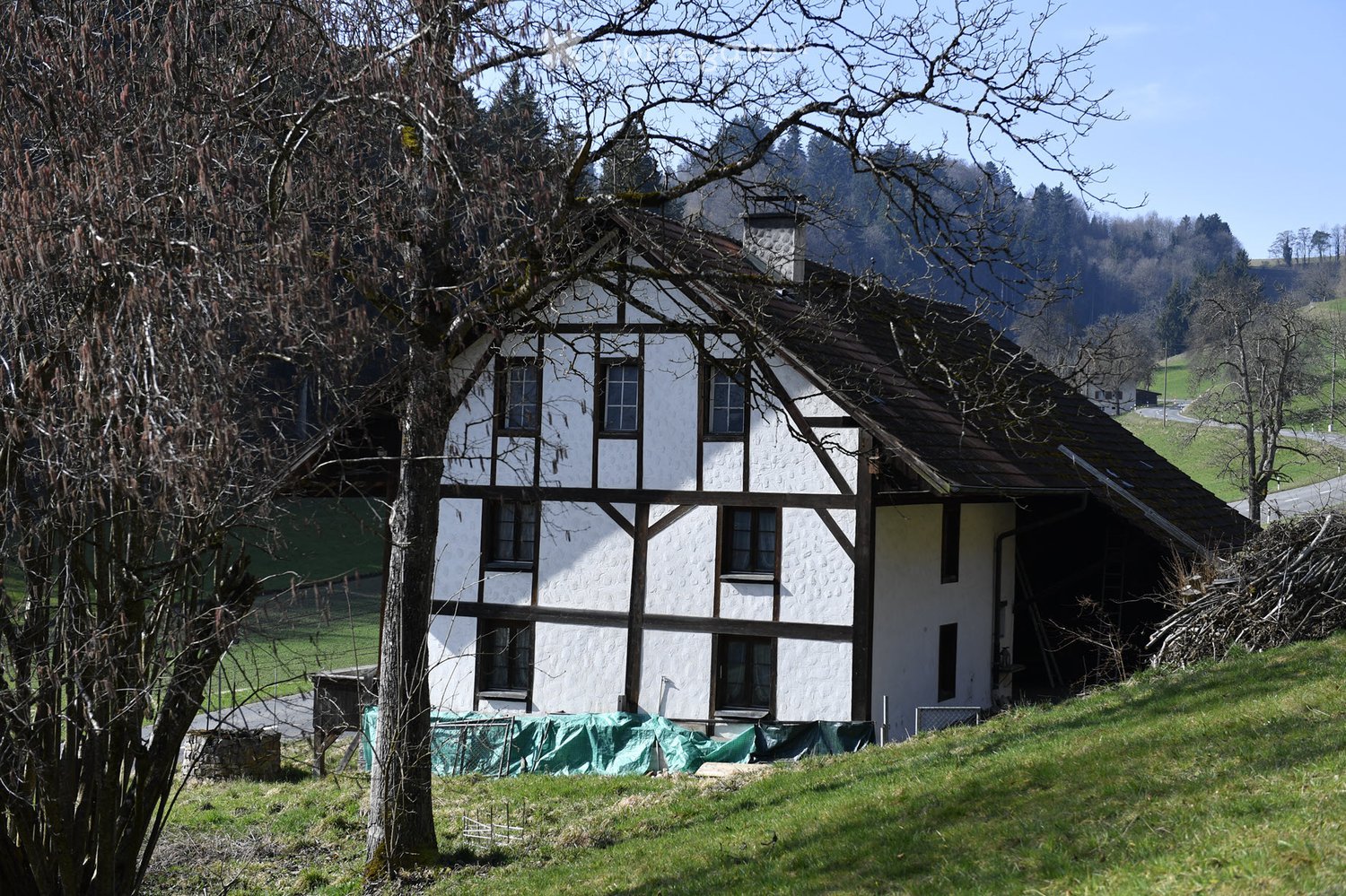white house with brown trim, brown roof, chimney, several windows, surrounded by trees and grass
