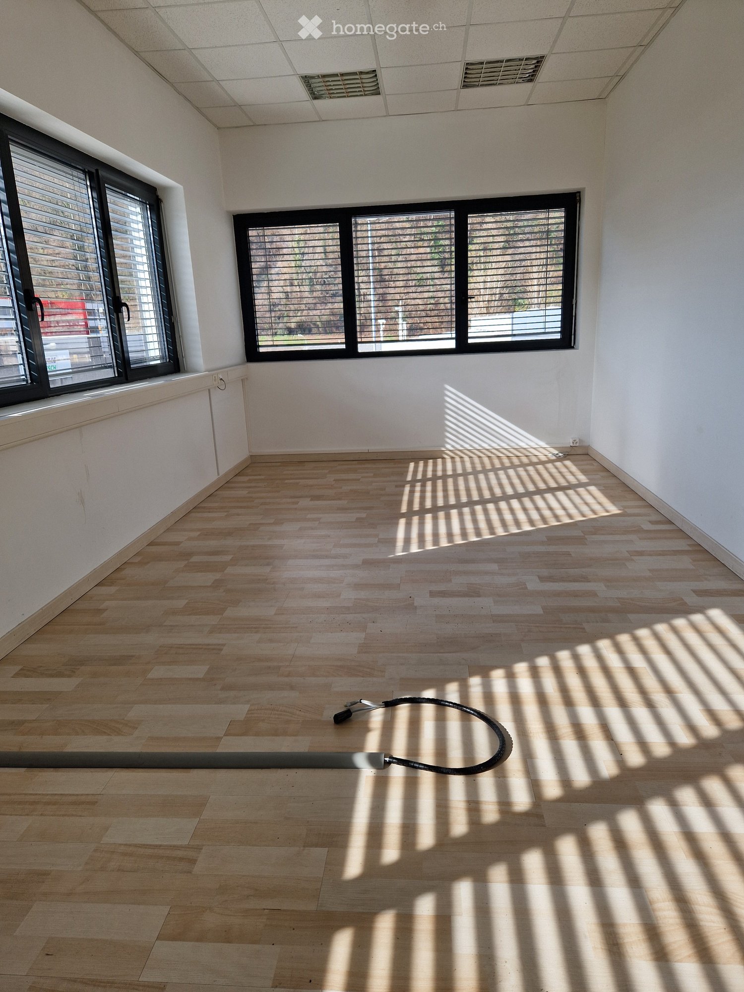 empty room, wooden floor, white walls, large windows, blinds
