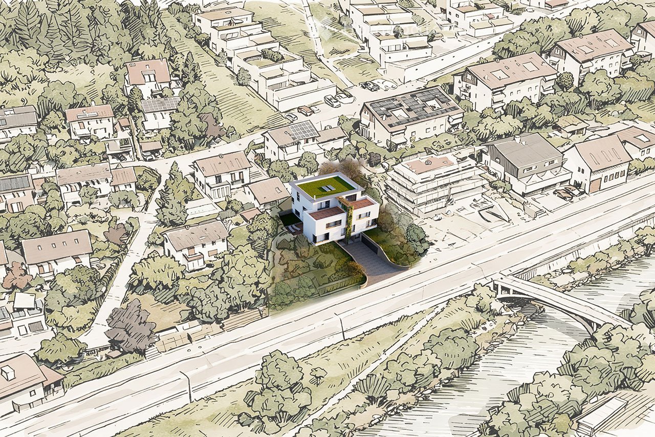 Aerial view of a residential area with a focus on a modern house with a raised ground floor and a green roof, surrounded by trees and other houses.