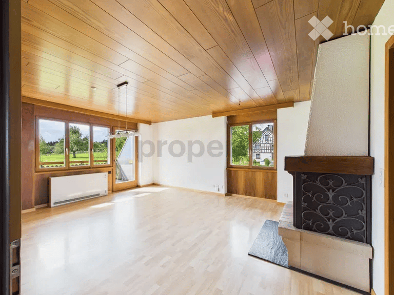 wooden ceiling, wooden floor, fireplace, large windows, radiator