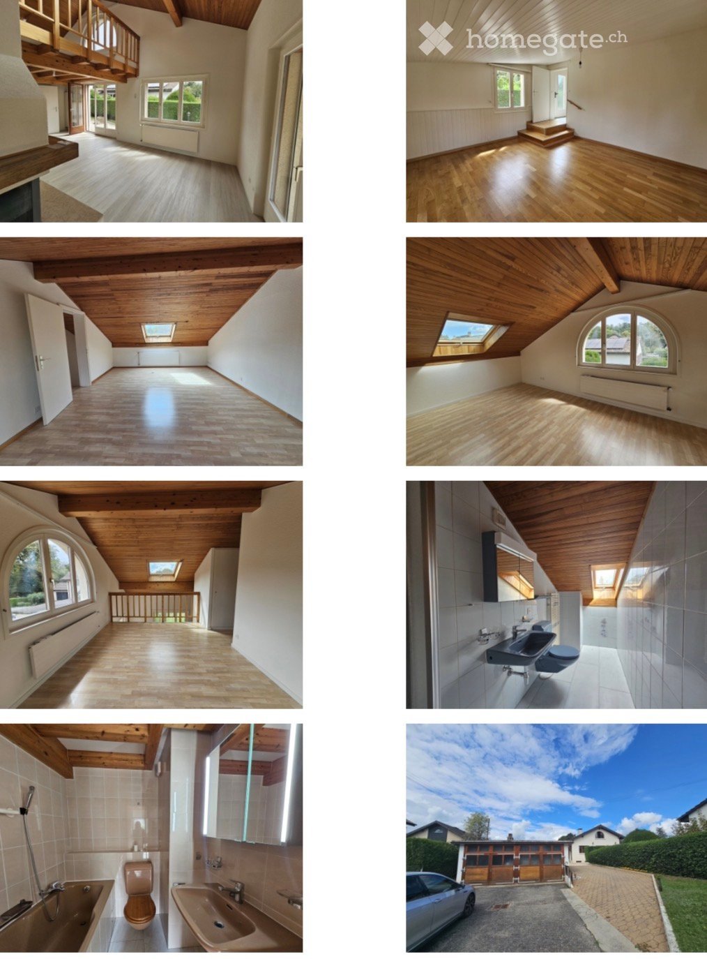 House with wooden beams, wooden floors, white walls, large windows, attic, bathroom with bathtub and toilet, sink, mirror, car parked in driveway