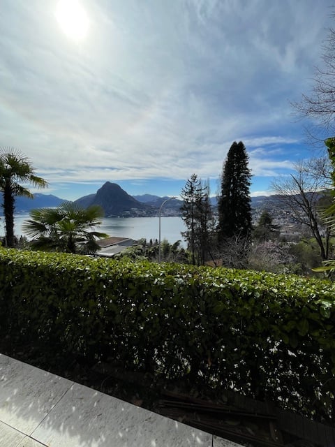 View of a lake and mountains from a balcony with a hedge