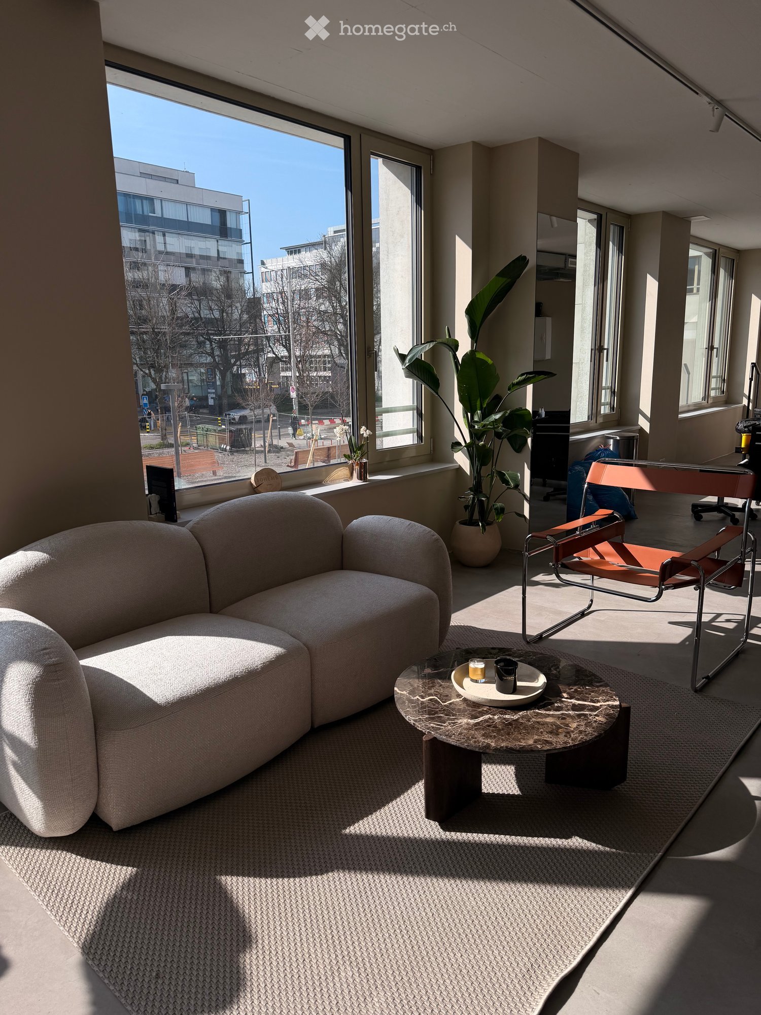 modern living room with large windows, beige couch, coffee table, potted plant, chair