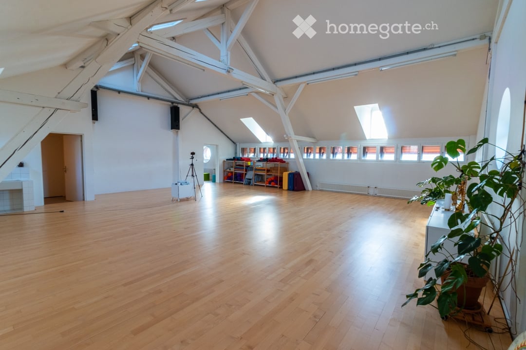 large open space, wooden floor, white walls, wooden beams, windows, tripod, shelves with items, potted plant