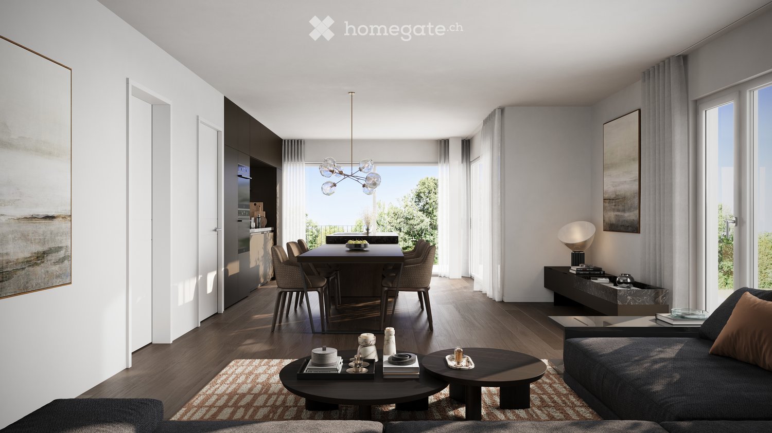 Dining room with a table, chairs, and a chandelier. A couch, coffee tables, and a rug are in the living room. A painting and a lamp are on the wall.