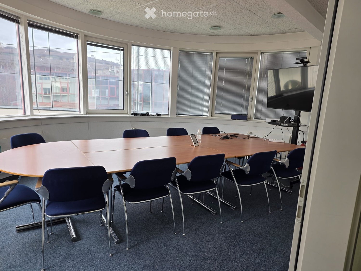 large oval table, blue chairs, large windows, monitor, camera