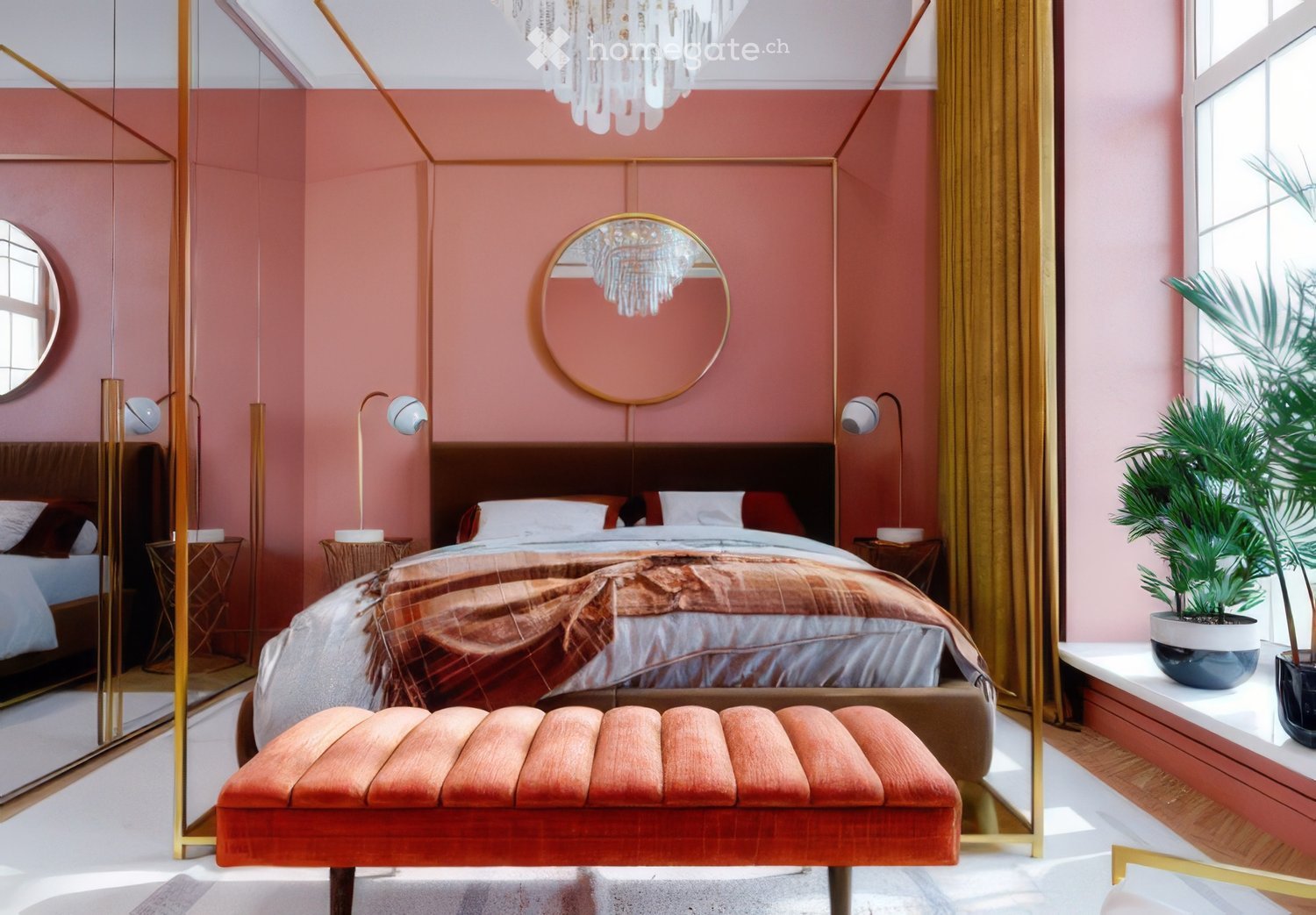 Bedroom with pink walls, large bed, round mirror, chandelier, bedside tables, lamps, bench, plants