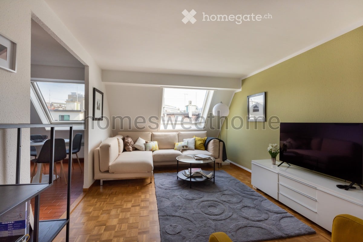 L-shaped sofa, coffee table, TV, carpet, floor lamp, window, dining table, chairs