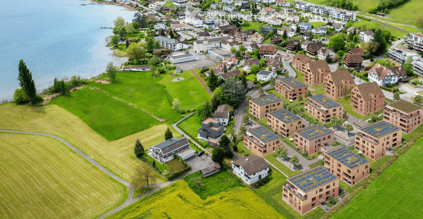 Aerial view of a residential area with multiple houses, some with solar panels, near a lake and green fields.