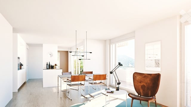 modern interior with dining table, chairs, and lamps, white walls, wooden floor, large windows