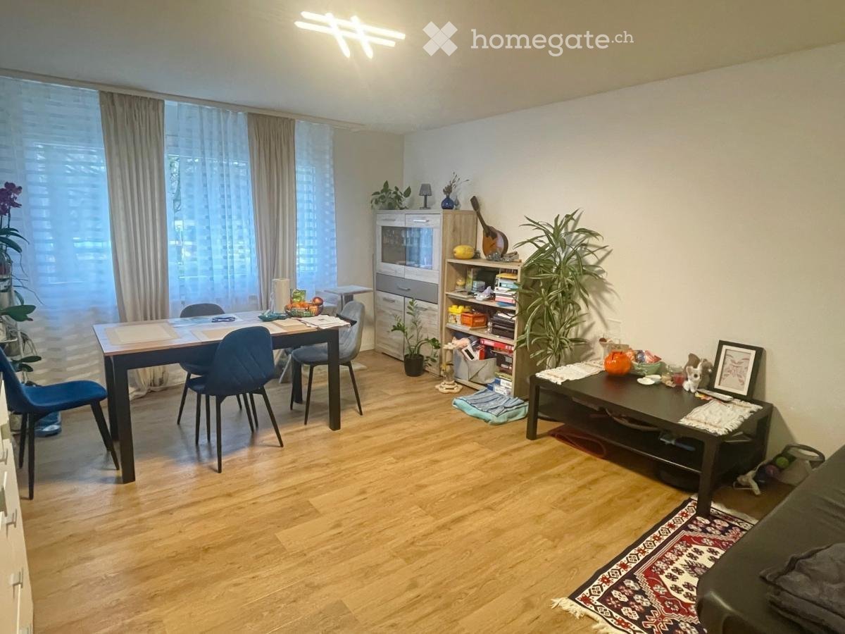 Dining area with a wooden table and chairs, a shelf with books and a guitar, a couch, a rug, and a potted plant.